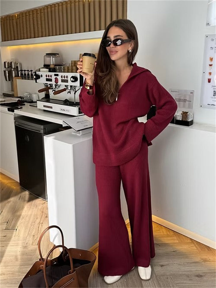 Comfortable knitted loungewear set for women with hood and wide legs Lune London