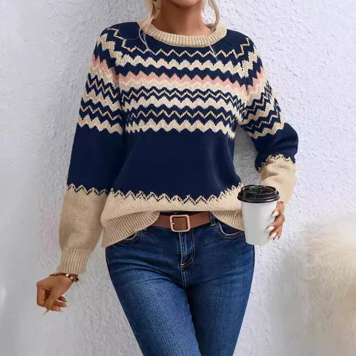 Elegant knitted sweater for women with a modern zigzag pattern and a round neckline Lune London