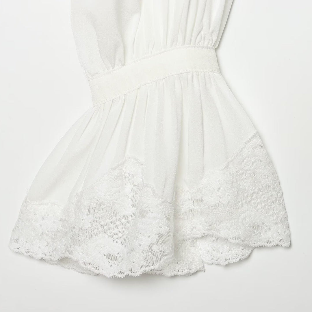 Women's Transparent Blouse with Stand Collar, Ruffle Sleeves and Lace Trim Amarae