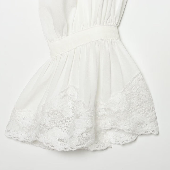 Women's Transparent Blouse with Stand Collar, Ruffle Sleeves and Lace Trim Amarae