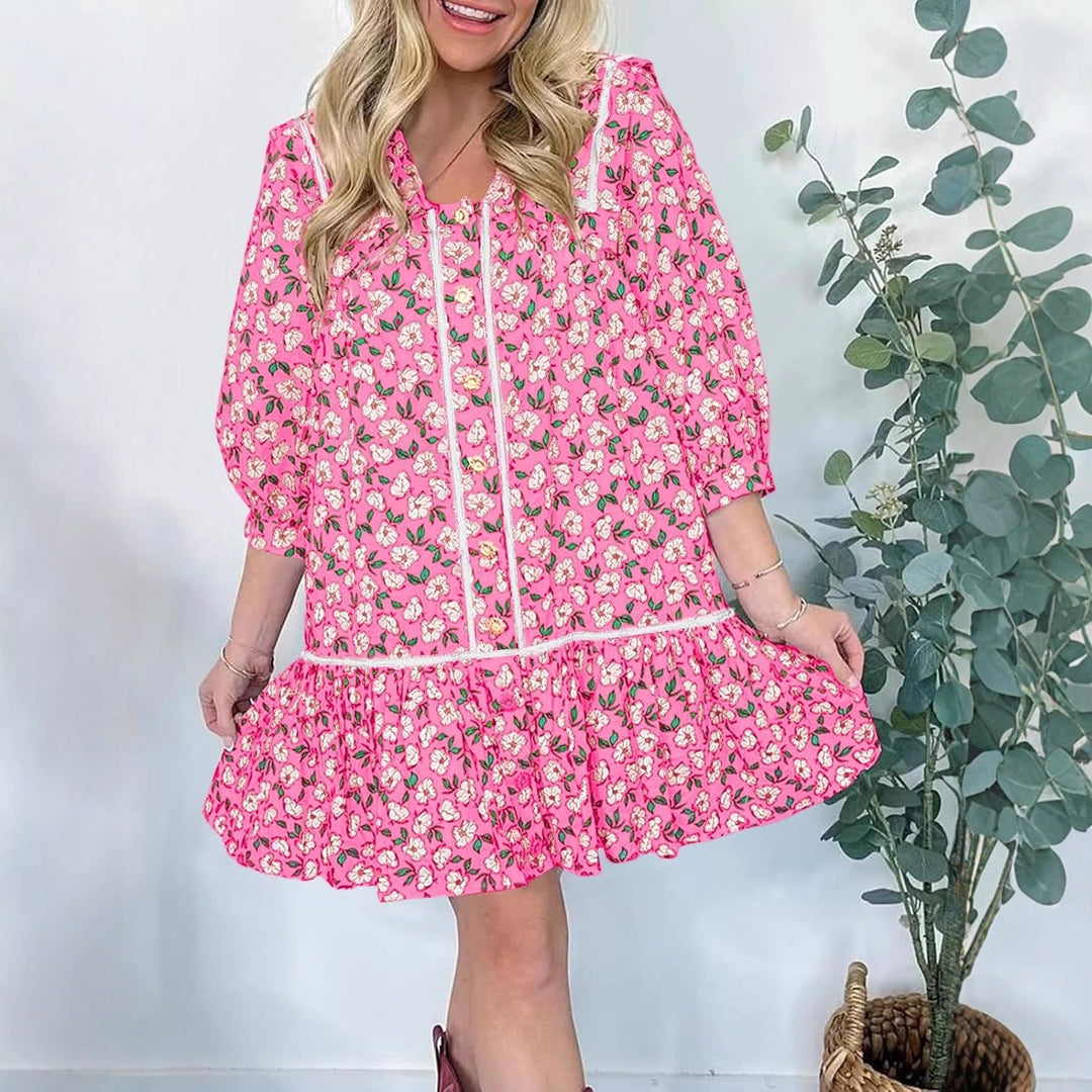 Floral short sleeve dress for women with spacious pockets and romantic collar Lune London