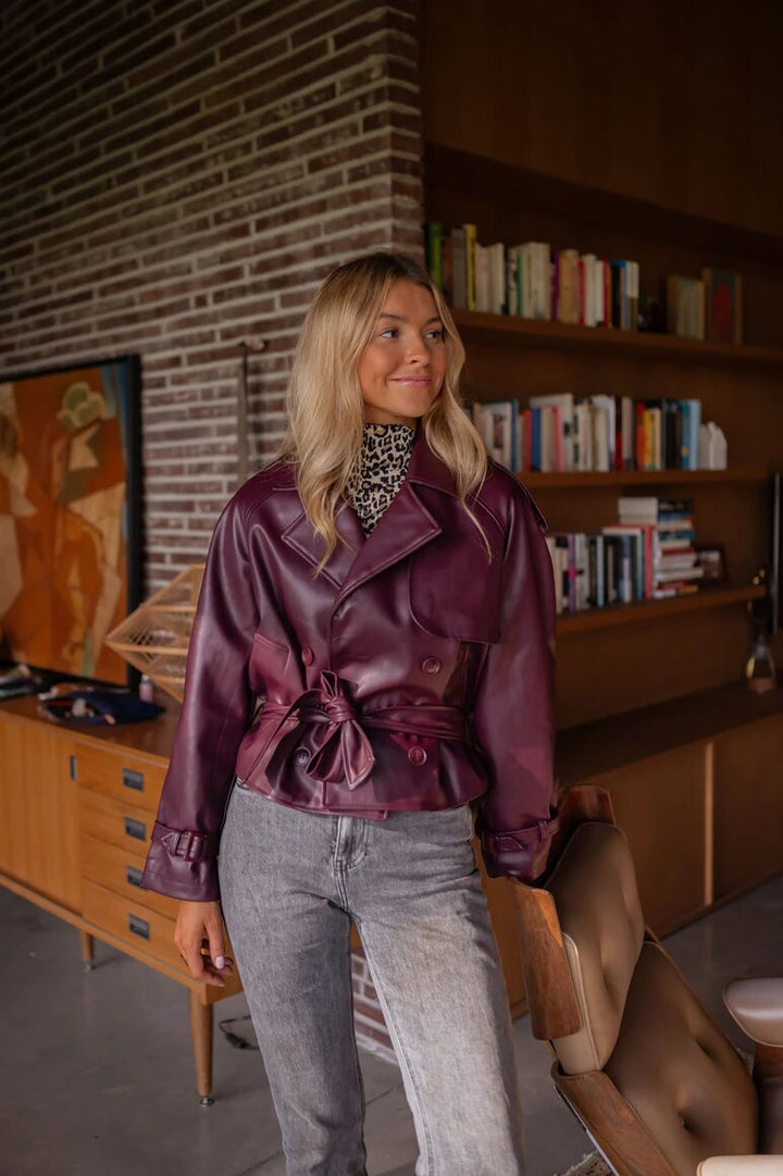 LadiesModern faux leather jacket with belt at the waist and double quilted design Lune London