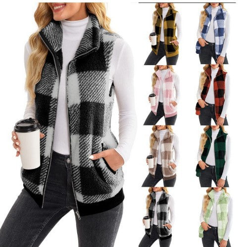 Ladies Checked Teddy Vest with Stand-Up Collar, Zipper and Side Pockets Amarae