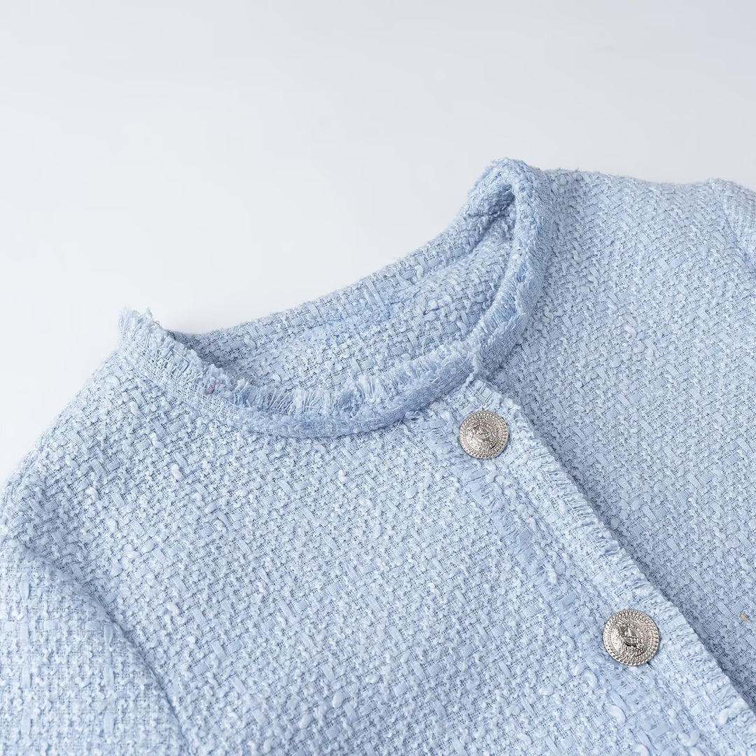 Women's Cropped Boucle Jacket with Round Neckline, Fringed Trim and Patch Pockets Amarae