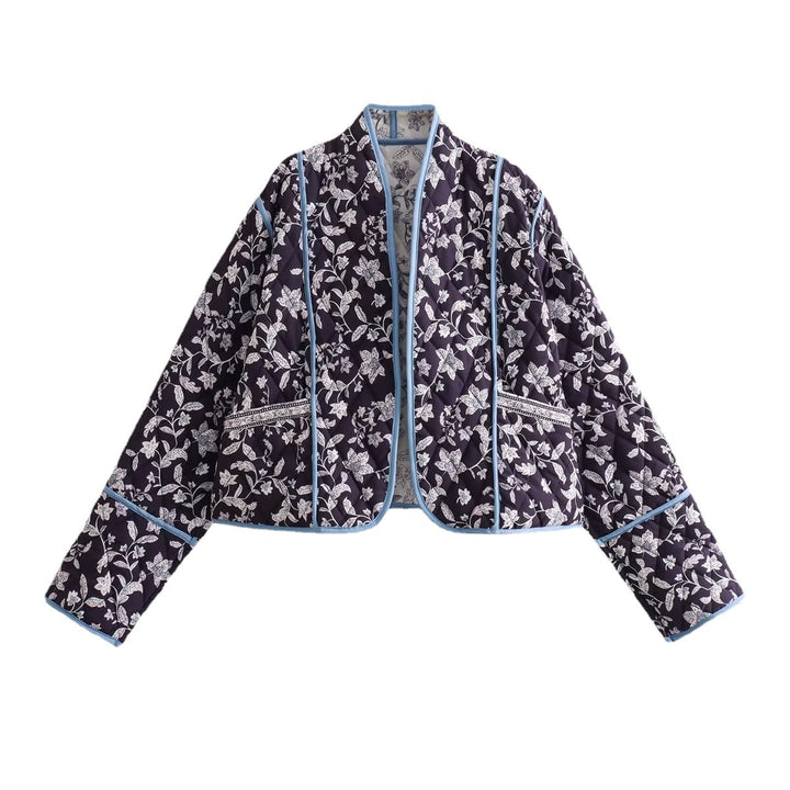 Women's quilted short jacket in kimono style with floral quilted look and contrasting piping Amarae