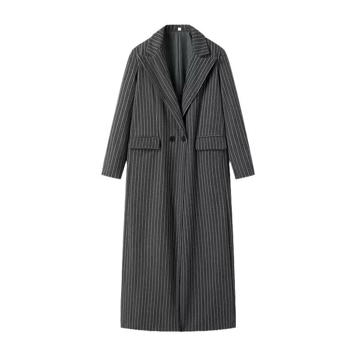 Ladies Longline Coat with Pinstripes and Double-Breasted Button Placket Amarae