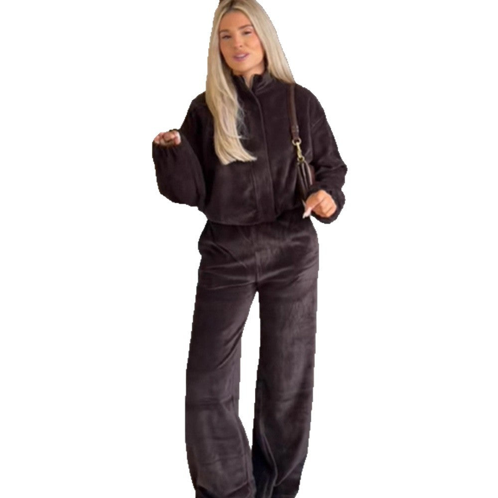 Women's Velvet Relax Set with Zipper Jacket, Stand-up Collar & High-Waist Wide-Leg Pants Amarae
