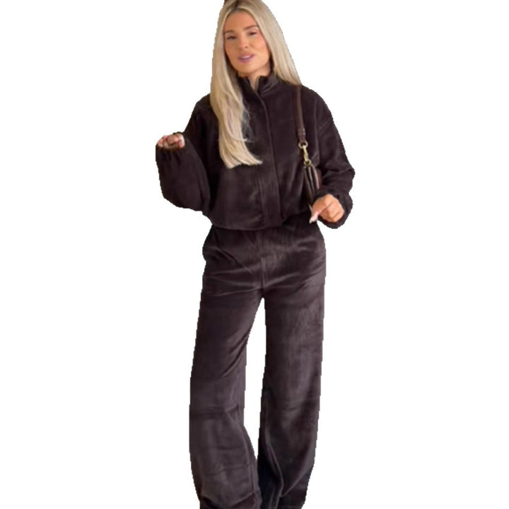 Women's Velvet Relax Set with Zipper Jacket, Stand-up Collar & High-Waist Wide-Leg Pants Amarae