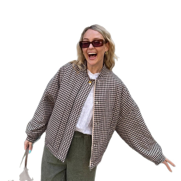 Women's Oversize Checked Bomber Jacket with Standing Collar and Concealed Snap Placket Amarae