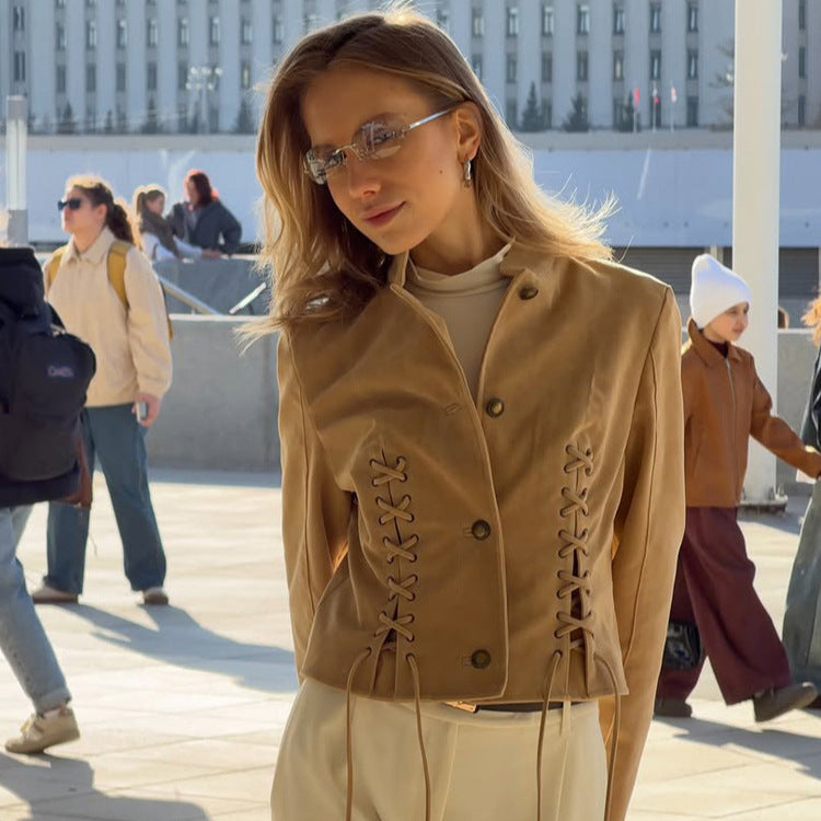 Women's short jacket made of suede-look with side lacing & stand-up collar Amarae