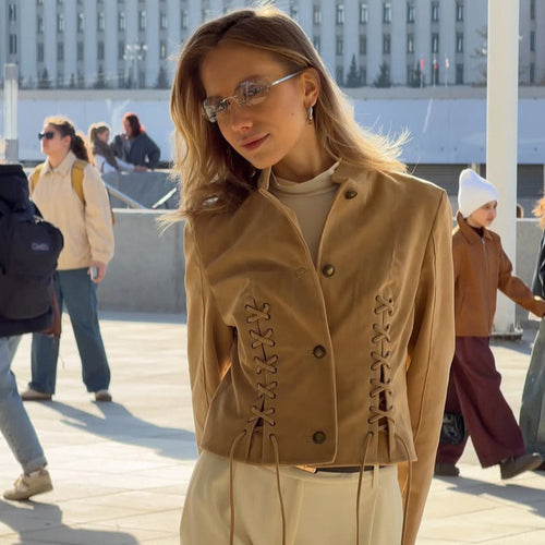 Women's short jacket made of suede-look with side lacing & stand-up collar Amarae