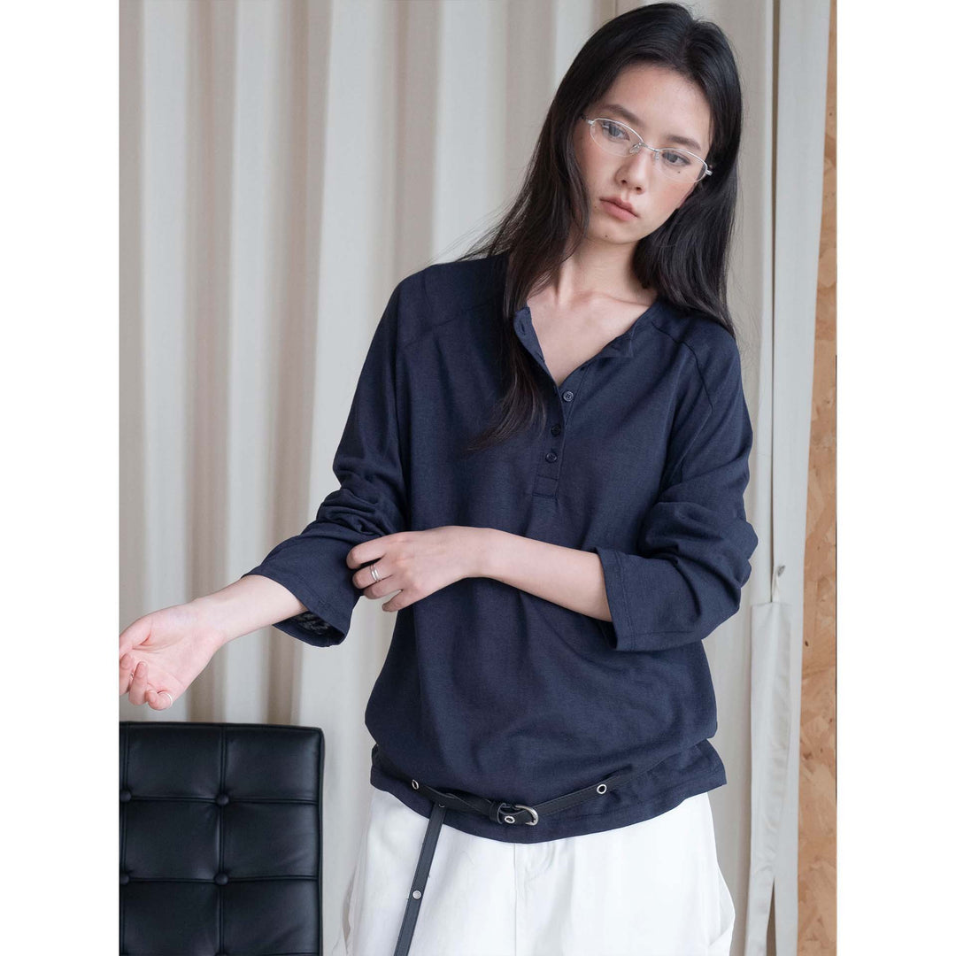 Women's Loose Henley Long Sleeve Made of Cotton Jersey Amarae