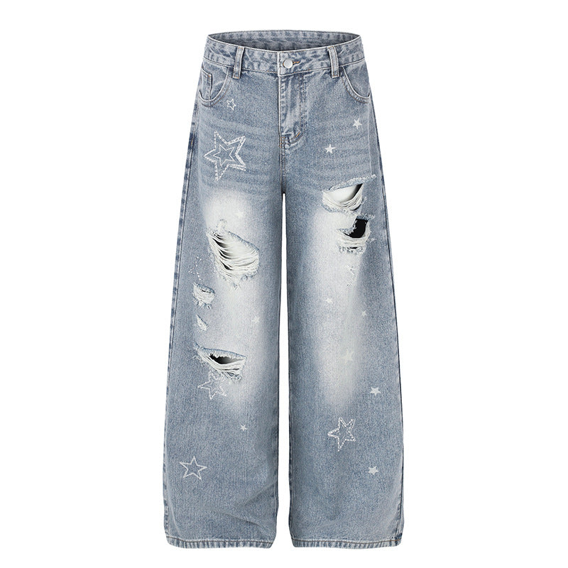 Ladies Wide Distressed Palazzo Jeans with Star Embroidery Amarae