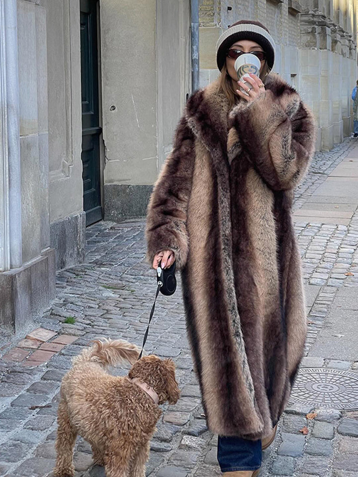 Ladies Maxilength Oversize Faux Fur Coat with Vintage Cut and Wide Lapel Collar Amarae