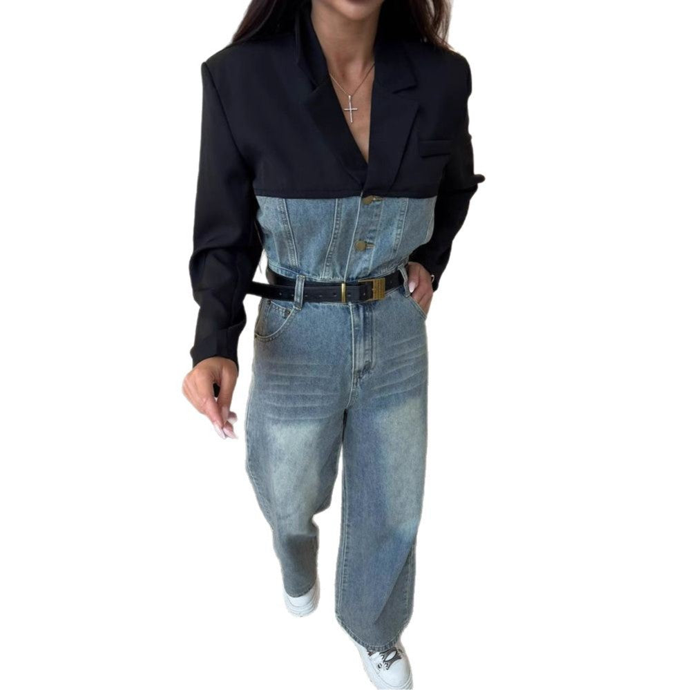 Lady Denim Overall with Contrasting Top and Wide Legs Lune London
