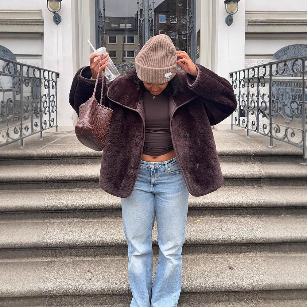 Women's Boxy Faux Fur Jacket with Voluminous Shawl Collar and Boxy Silhouette Amarae