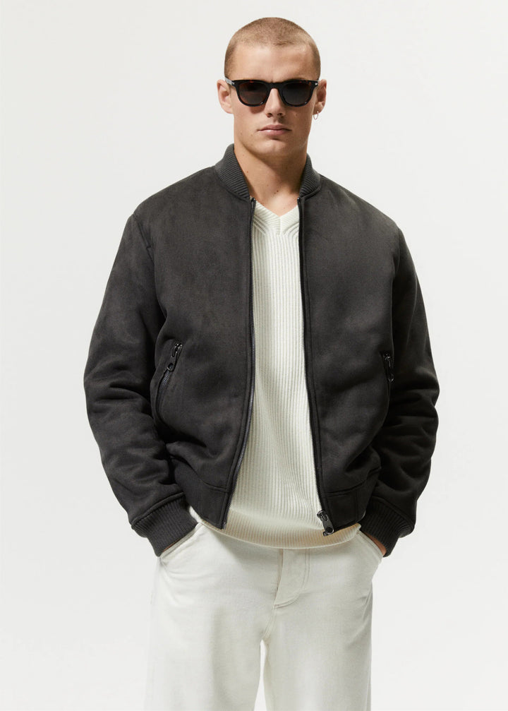 Men's short bomber jacket made of soft velour imitation with ribbed collar and zippered pockets Amarae