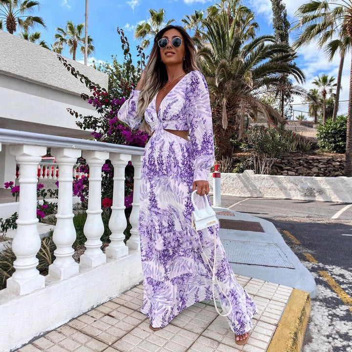 Maxi dress for women with playful cut and floral design Lune London