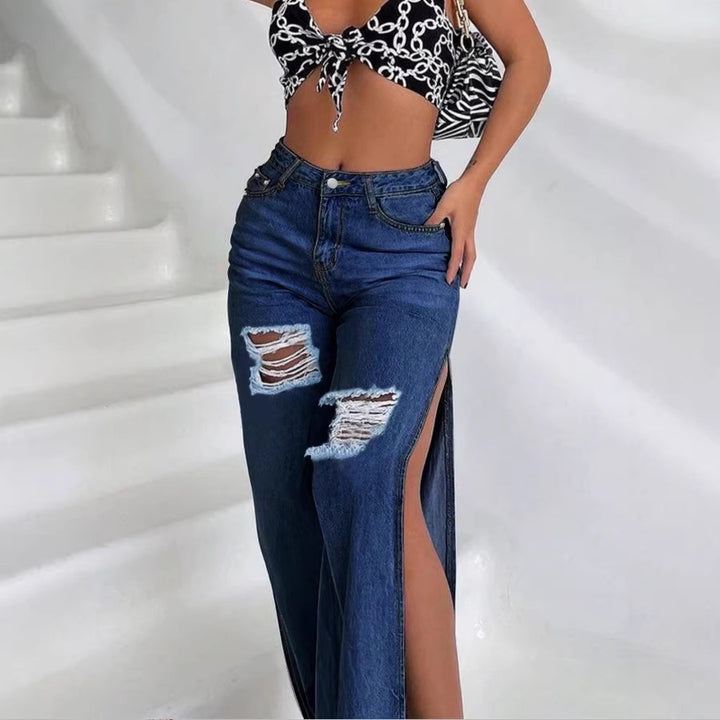 Women's High-Waisted Wide-Leg Jeans with Side Thigh Slits and Knee Rips Amarae