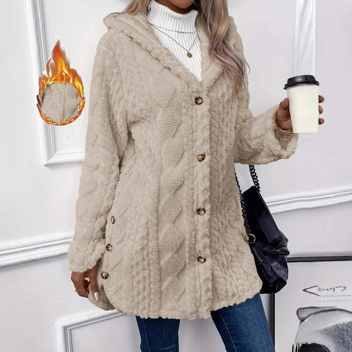 Ladies oversized cozy coat with hood and button placket Amarae