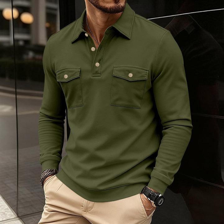 Men's long sleeve shirt with practical chest pockets and modern Henley neckline Lune London