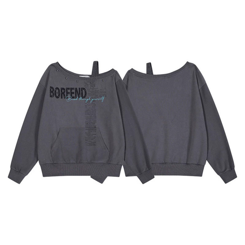 Women's Oversize Sweatshirt with Asymmetric One-Shoulder Strap, Kangaroo Pocket and Studs Amarae