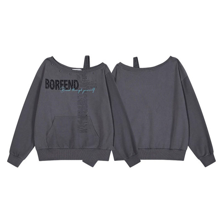 Women's Oversize Sweatshirt with Asymmetric One-Shoulder Strap, Kangaroo Pocket and Studs Amarae