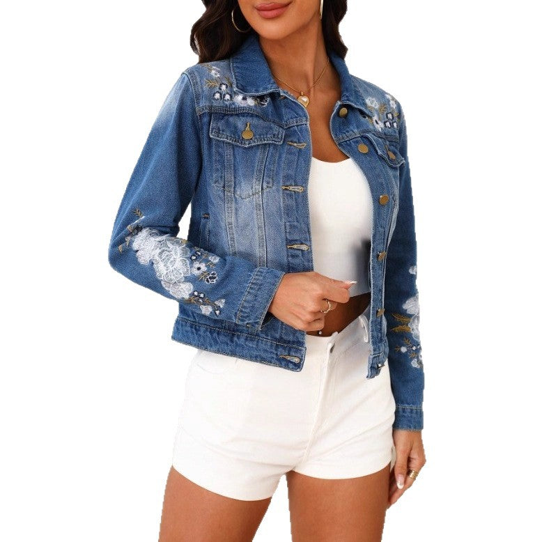 Women’s Embroidered Cropped Denim Jacket in Trucker Style with Floral Sleeve Detailing Amarae