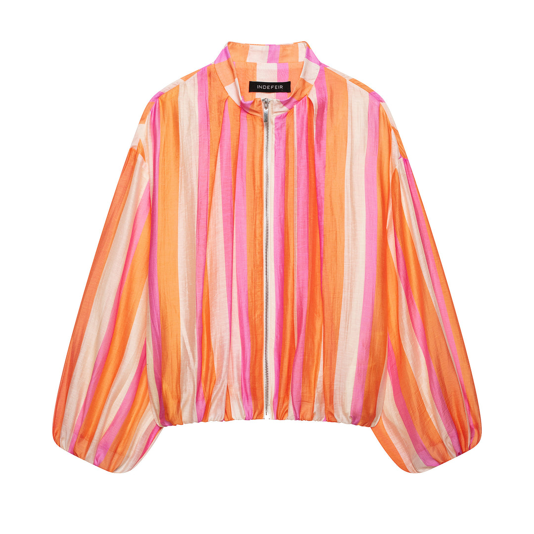 Women Striped Cropped Bomber Jacket with Balloon Sleeves Amarae