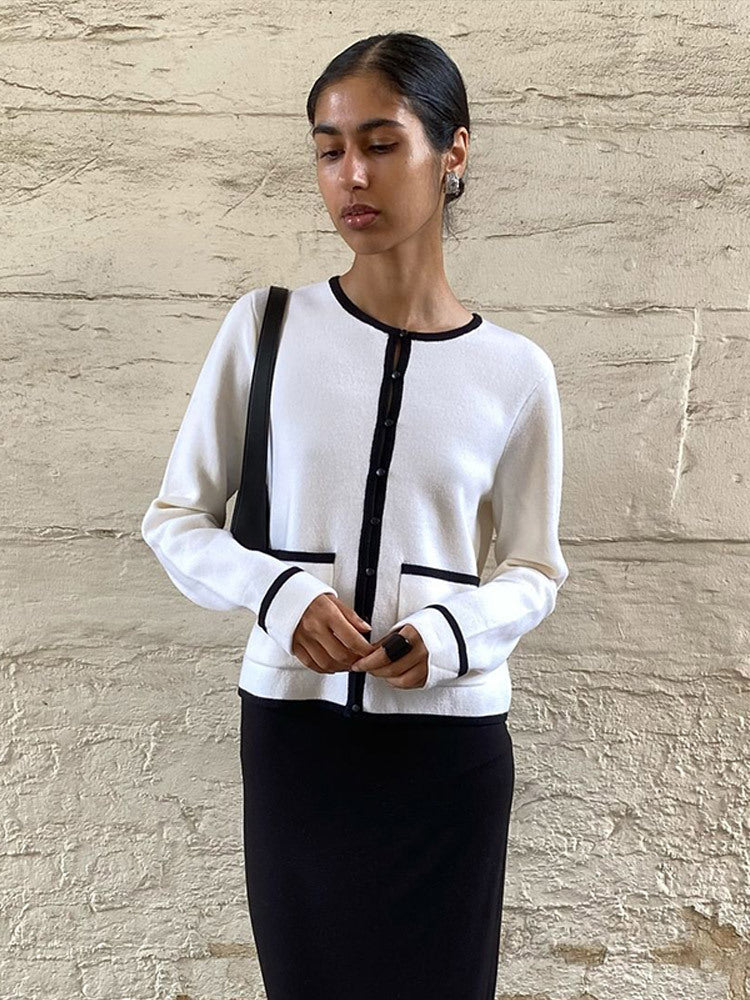 Women Fine Contrast Button Placket Cardigan with Piping and Applied Pockets Amarae