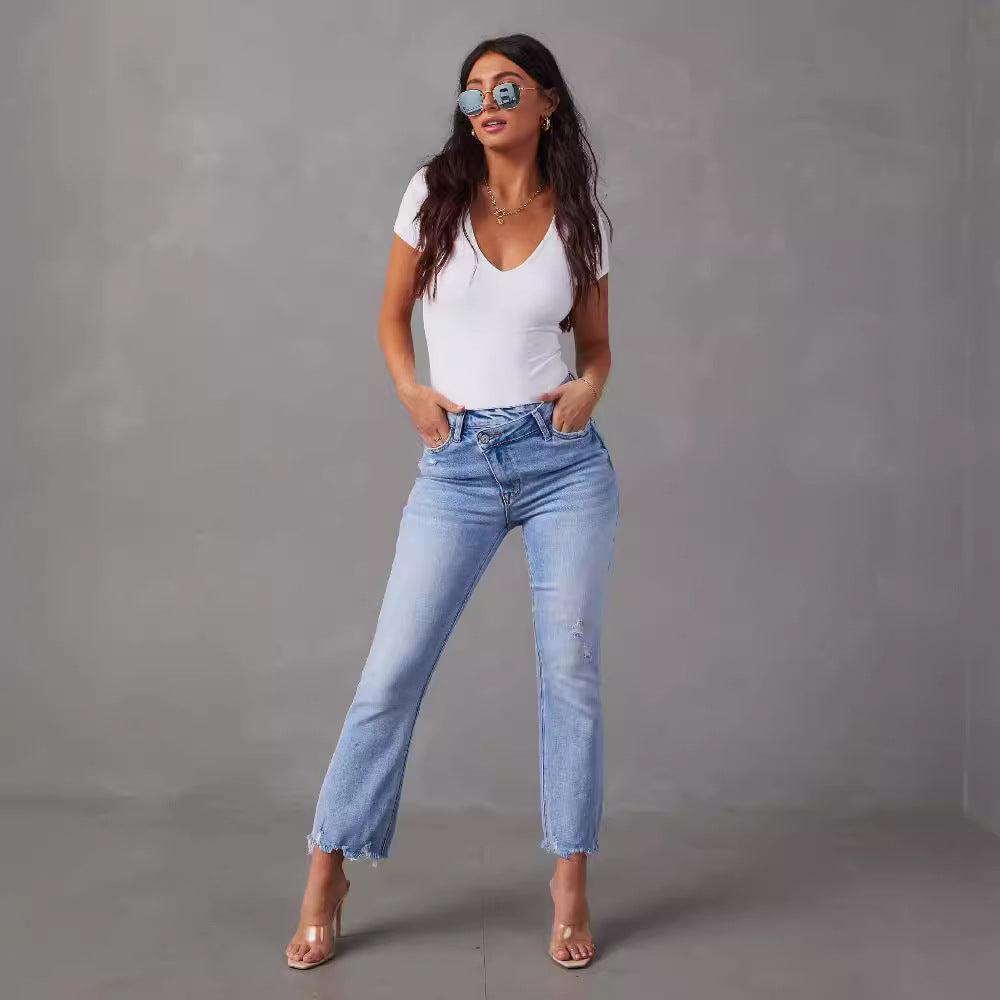 Women's high-waist jeans with trendy fringing and distressed details Lune London