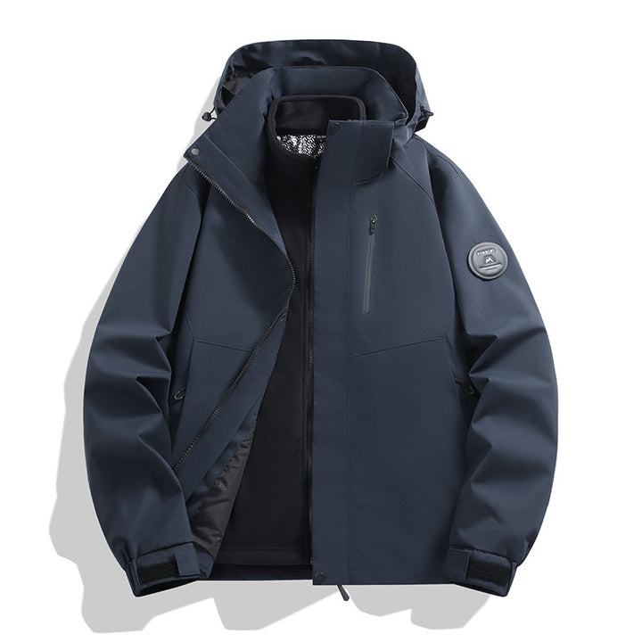 Men's softshell performance jacket with removable hood, concealed full-length zipper, and ergonomic cut Amarae