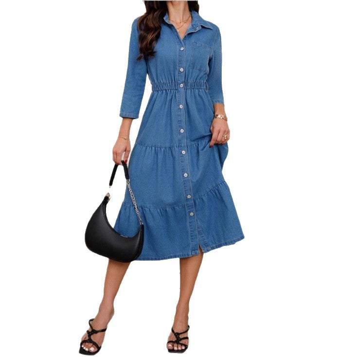 Women's button-down shirt dress made of denim with a waist-defining elastic band, button placket & tiered skirt Amarae