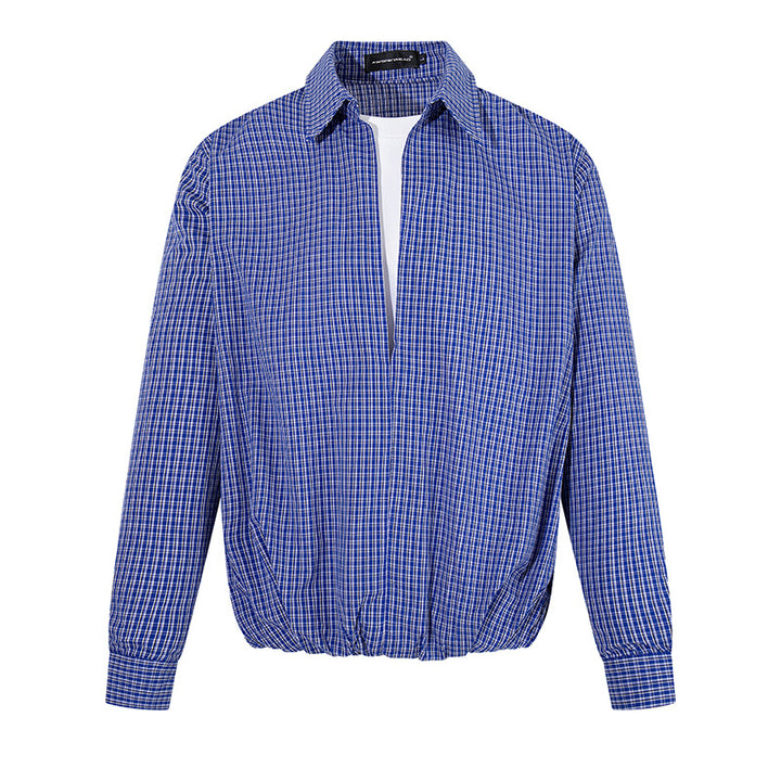 Men's Overshirt Blouson in Check Pattern with Elastic Waistband and Shirt Collar Amarae