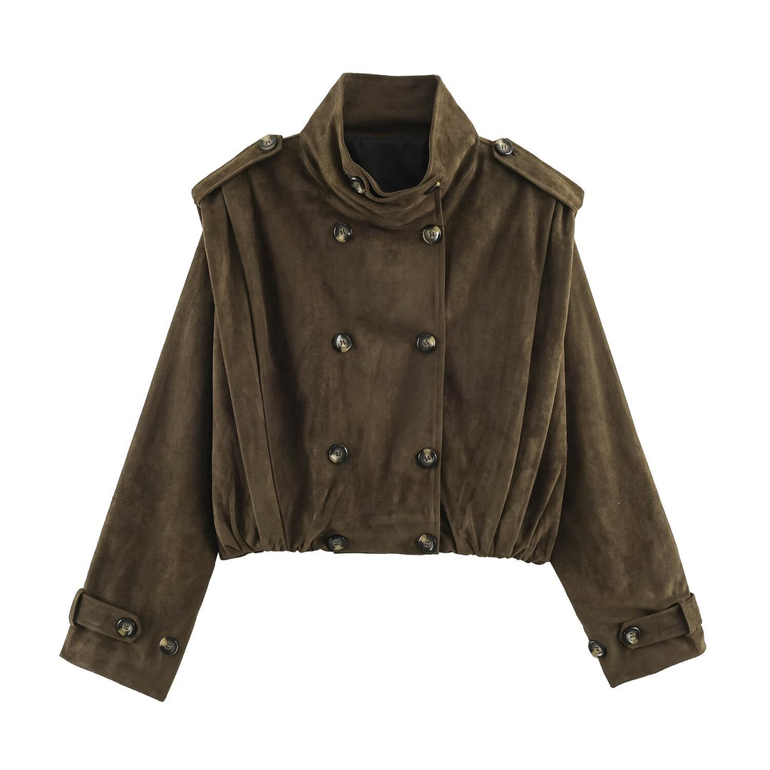 Women's Short-Cut Double-Breasted Suede-Look Bomber with Stand-Up Collar and Shoulder Patches Amarae