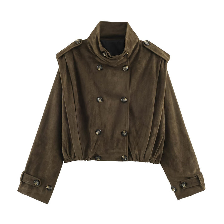 Women's Short-Cut Double-Breasted Suede-Look Bomber with Stand-Up Collar and Shoulder Patches Amarae