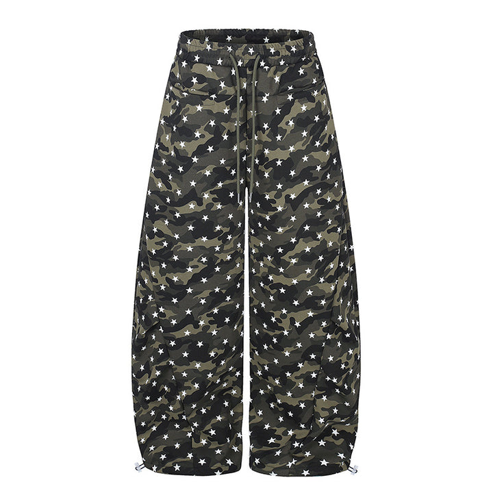 Women's casual palazzo pants in balloon cut with camouflage star print and adjustable hem drape
