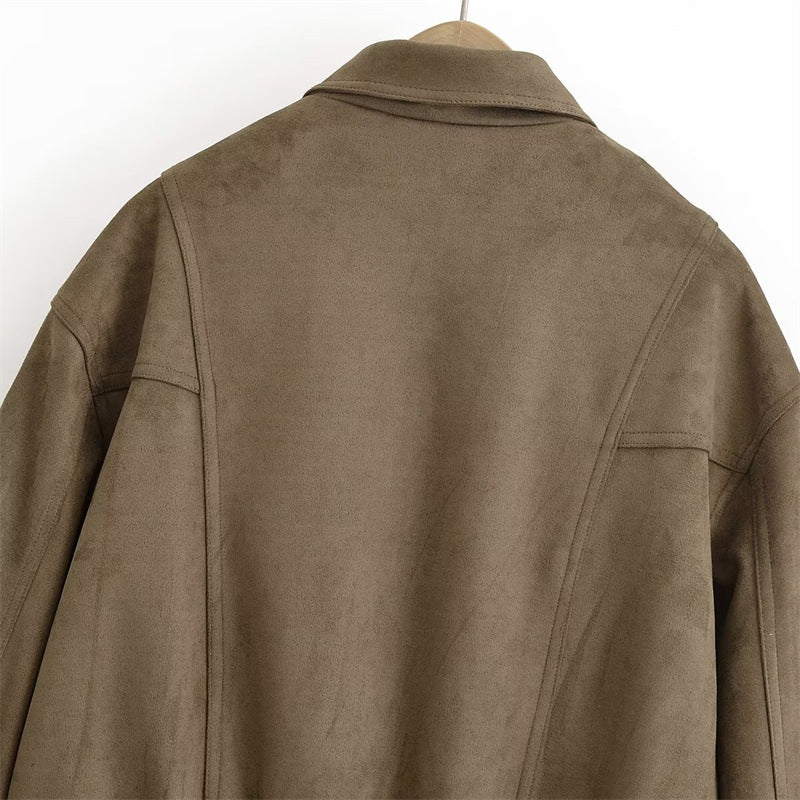 Trendy suede jacket for women with elastic waist and zippered pockets on the sides Lune London