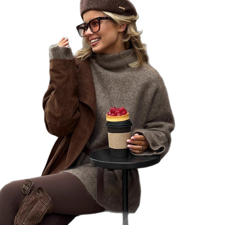 Women Oversize Mohair-Mix Roll-neck Sweater Dress with Balloon Sleeves and Waist Belt Amarae