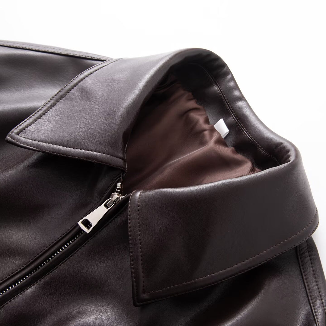 Women's Oversized Faux Leather Blouson Jacket with Collar, Zipper and Elastic Hem Amarae