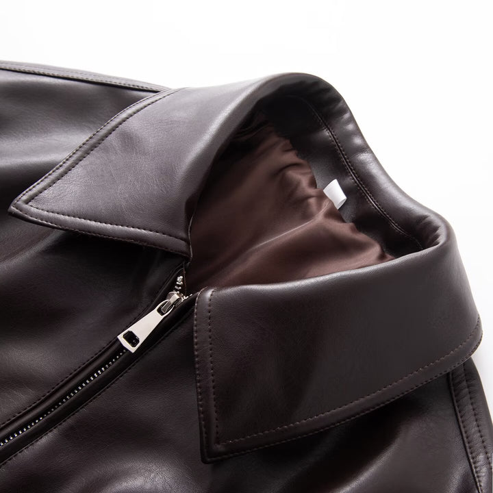 Women's Oversized Faux Leather Blouson Jacket with Collar, Zipper and Elastic Hem Amarae