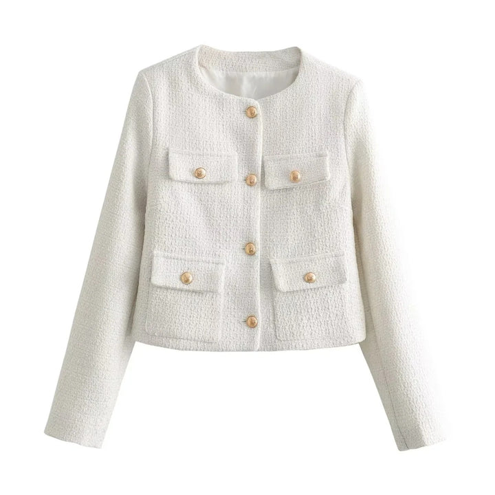 Trendy short jacket for women with gold buttons and patch pockets Lune London