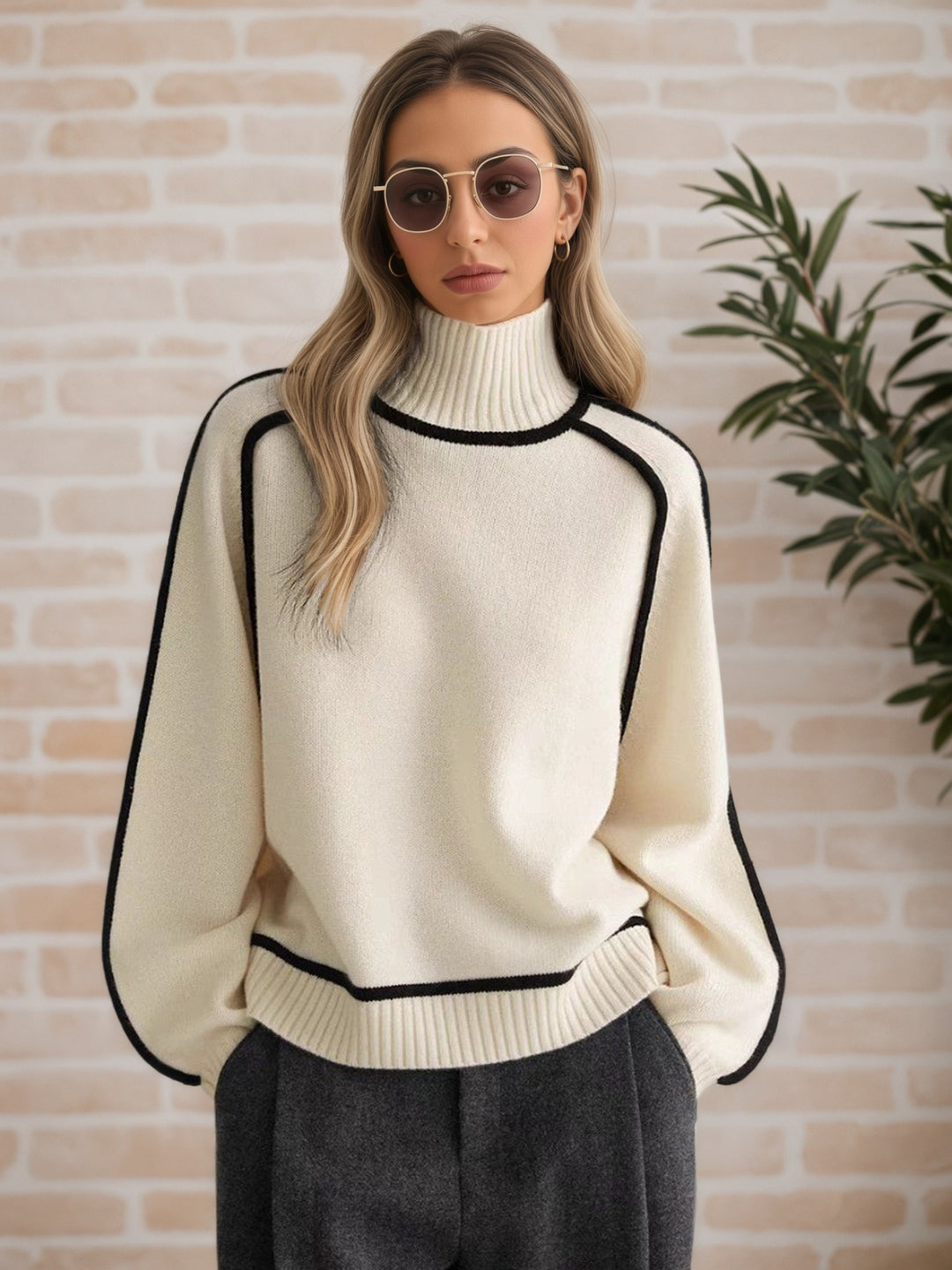 Women's sweater with high collar and modern structured details Lune London