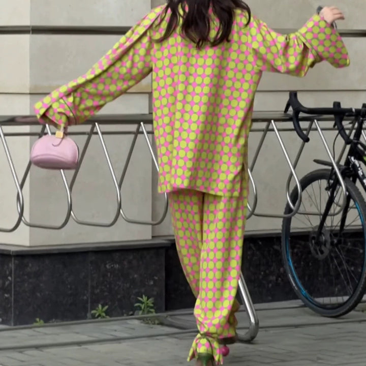 Women Two-Piece Silk Look Suit Set with Oversized Blazer, Wide Pleated Pants & Matching Tube Scarf Amarae