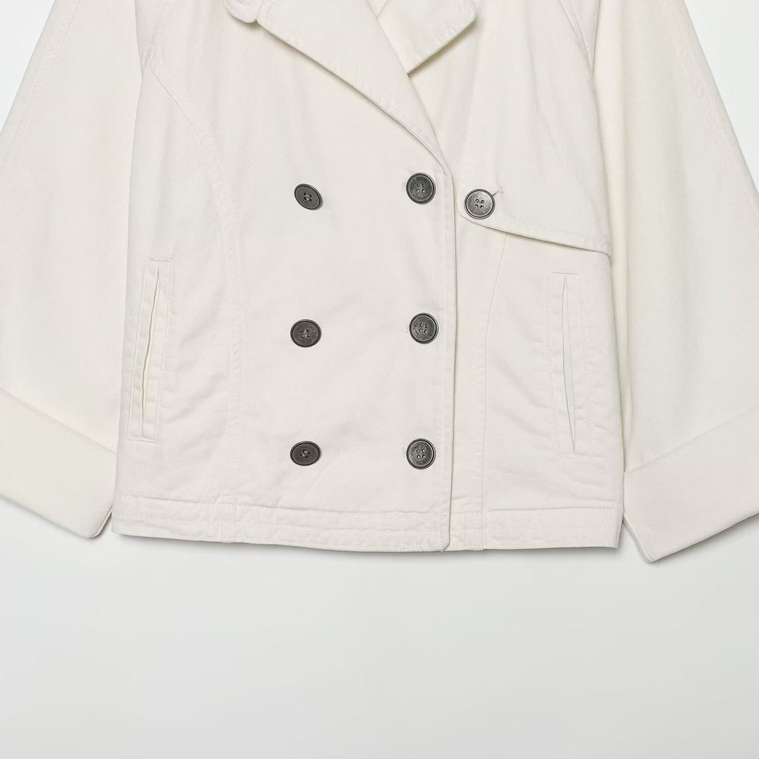 Women's Short Double-Breasted Cape Trench Coat with Dropped Shoulders and Adjustable Sleeve Straps Amarae