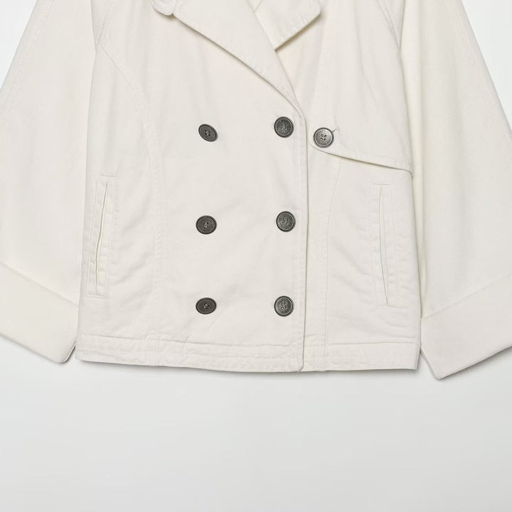 Women's Short Double-Breasted Cape Trench Coat with Dropped Shoulders and Adjustable Sleeve Straps Amarae