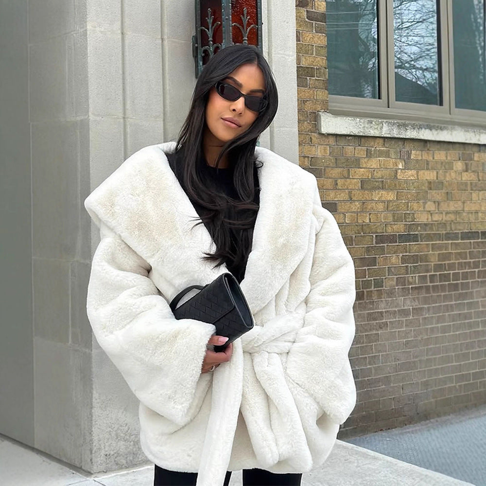 Women's Oversized Teddy Coat with Extra Large Shawl Collar and Wrap Belt Amarae