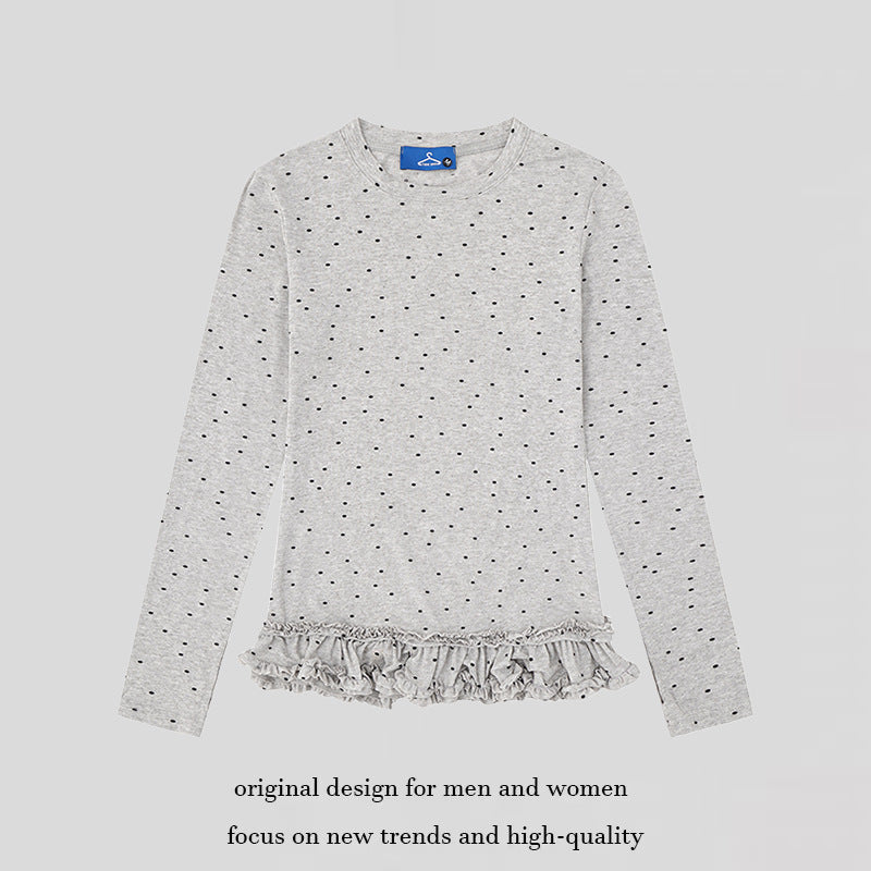 Women's long-sleeve shirt with ruffled hem and polka dot all-over print