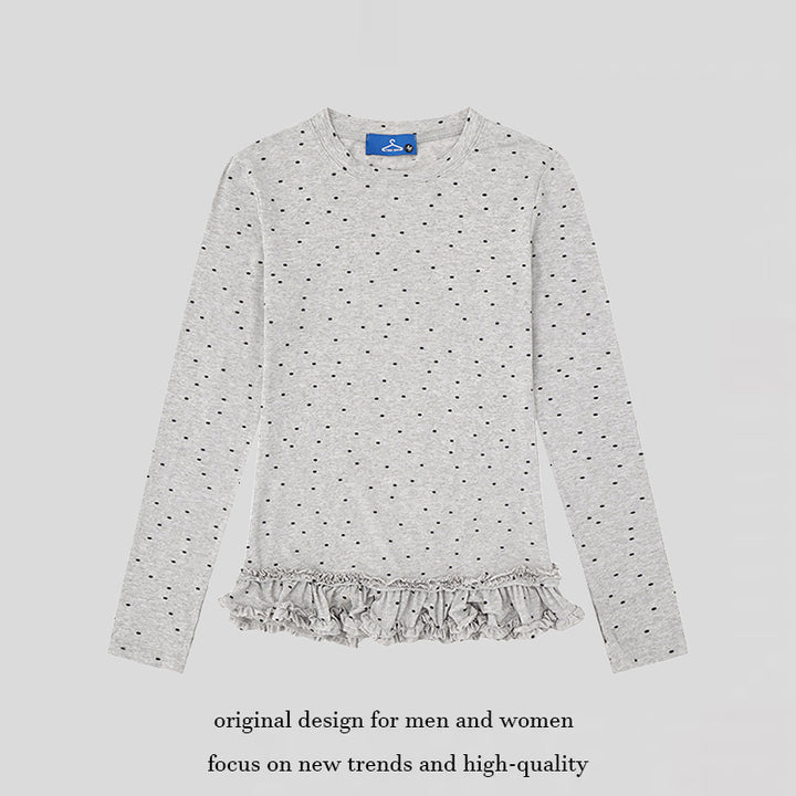 Women's long-sleeve shirt with ruffled hem and polka dot all-over print