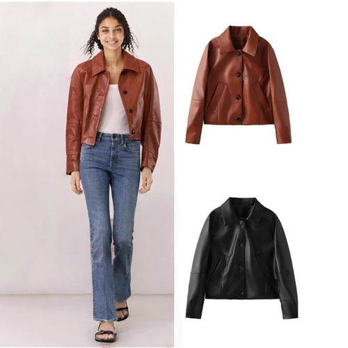 Women's faux leather jacket with modern button details Amarae